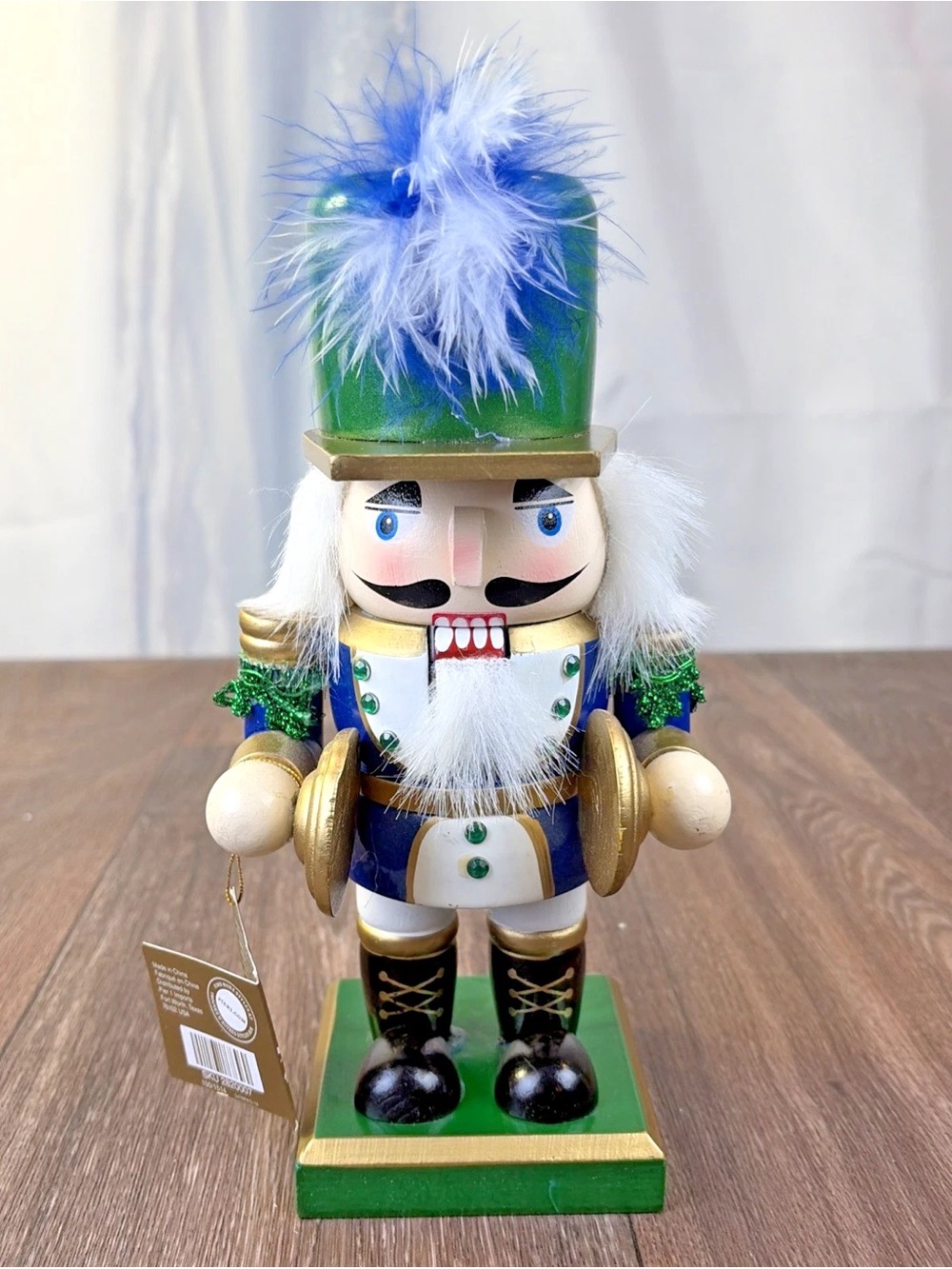 2014 Pier 1 Imports Wooden Nutcracker 9.5" Band Member Blue & Green Tambourine
